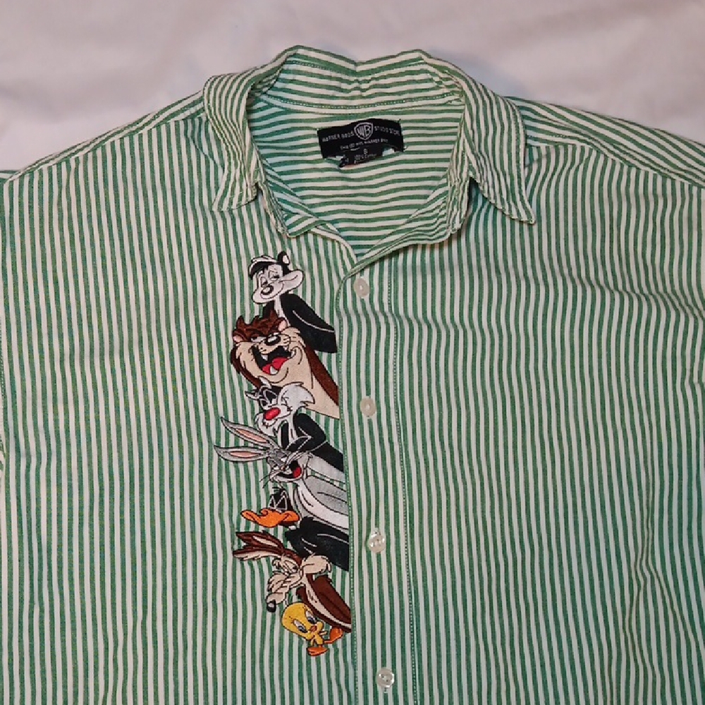 Mens Warner Bros. Vintage Looney Tunes Embroidered Striped Button Down Shirt